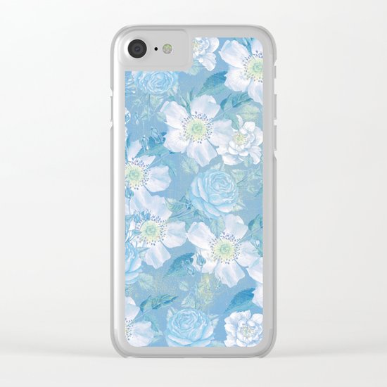 Blue Vintage Rose Pattern Clear iPhone Case