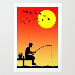 Fishing Art Print | Watercolor, Geese, Graphicdesign, Fishingpole, Fish, Digital, Fishing, Fishingrod, Fishingpond, Angling 
