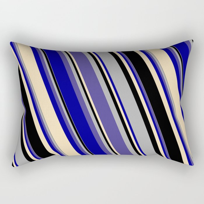 Dark Gray, Dark Slate Blue, Dark Blue, Tan, and Black Colored Striped Pattern Rectangular Pillow