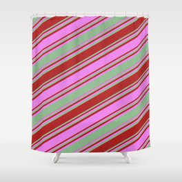 [ Thumbnail: Dark Sea Green, Red, and Violet Colored Stripes Pattern Shower Curtain ]