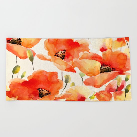 Poppy Flower Meadow- Floral Summer lllustration Beach Towel