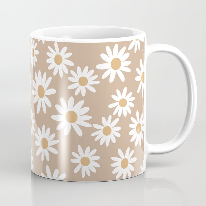 Daisies - daisy floral repeat, daisy flowers, 70s, retro, black, daisy florals camel brown Coffee Mug