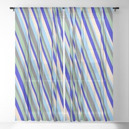 [ Thumbnail: Light Sky Blue, Dim Gray, Dark Sea Green, Blue & Bisque Colored Lined/Striped Pattern Sheer Curtain ]