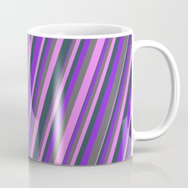 [ Thumbnail: Purple, Dim Grey, Violet, and Dark Slate Gray Colored Lines/Stripes Pattern Coffee Mug ]