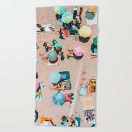 Aerial Drone Summer Beach, People Colorful Umbrellas On Beach Aerial Print, Home Decor Aerial, Minimalist Print, Pastel Beach Beach Towel