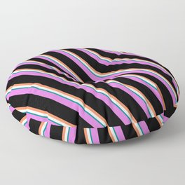 [ Thumbnail: Orchid, Black, Coral, Mint Cream, and Teal Colored Lines/Stripes Pattern Floor Pillow ]