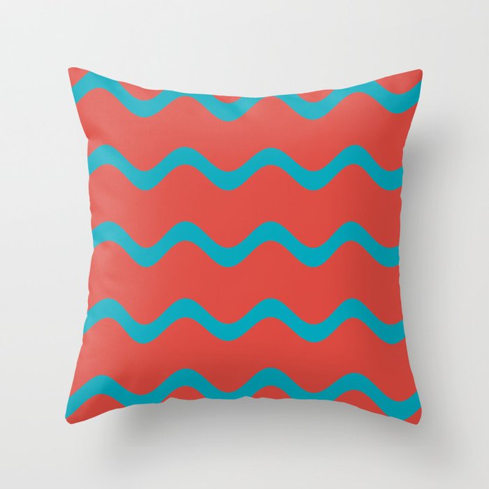 Teal and Red Wavy Horizontal Stripe Pattern 2021 Color of the Year AI Aqua and Oxy Fire Throw Pillow
