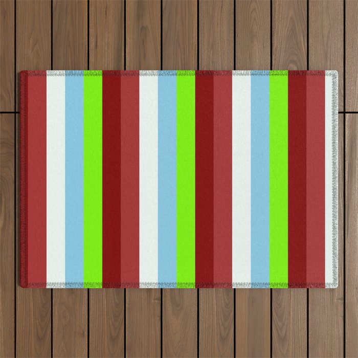Colorful Brown, Mint Cream, Sky Blue, Green, and Maroon Colored Stripes/Lines Pattern Outdoor Rug