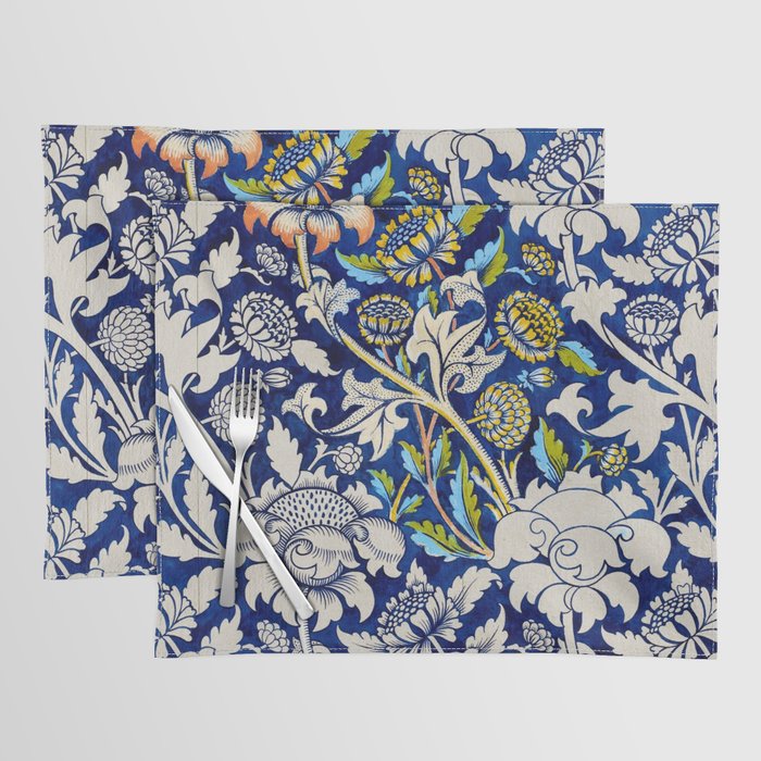 William Morris Blue Watercolour Wey printed fabric design 19th century floral pattern for duvet, blanket, curtain, pillow, and home and wall decor Placemat