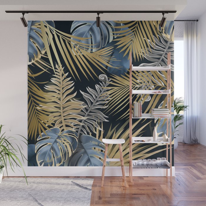 Lush Jungle Gold Blue and Grey Wall Mural