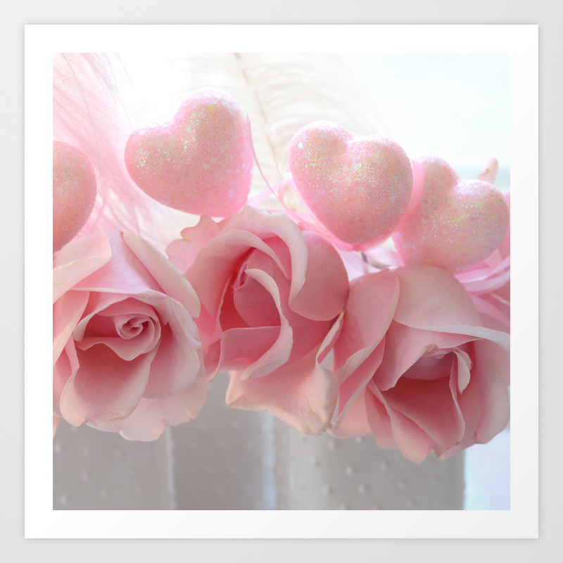 Shabby Chic Romantic Pink Whte Roses Hearts Floral Decor Art Print