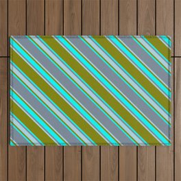 [ Thumbnail: Green, Cyan, Light Slate Gray & Light Blue Colored Stripes Pattern Outdoor Rug ]
