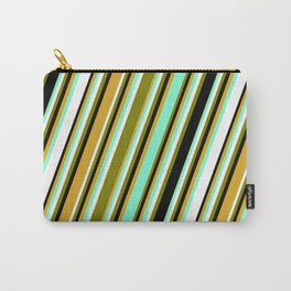 [ Thumbnail: Aquamarine, White, Green, Black, and Goldenrod Colored Pattern of Stripes Carry-All Pouch ]