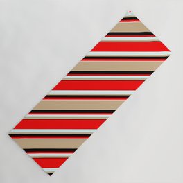 [ Thumbnail: Red, Light Cyan, Tan, and Black Colored Lines/Stripes Pattern Yoga Mat ]