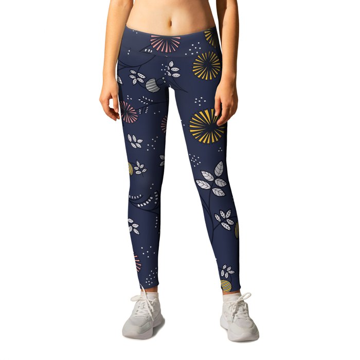 Vintage doodle flower pattern on navy blue background Leggings