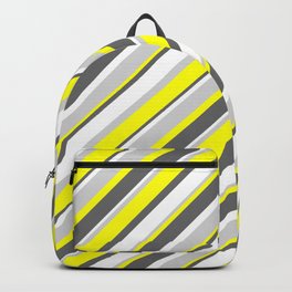 [ Thumbnail: Yellow, Dim Gray, White & Light Grey Colored Stripes Pattern Backpack ]