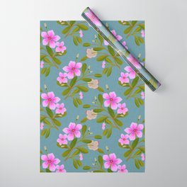 Pink Vinca Periwinkle Floral pattern on Teal Wrapping Paper