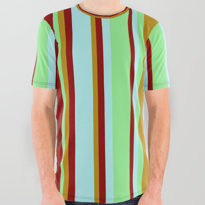 Light Green, Dark Goldenrod, Dark Red, and Turquoise Colored Lines/Stripes Pattern All Over Graphic Tee