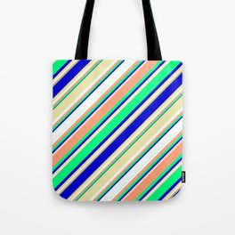 [ Thumbnail: Eyecatching Light Salmon, Green, Blue, Pale Goldenrod, and Mint Cream Colored Lines Pattern Tote Bag ]