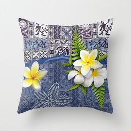 Blue Hawaiian Tapa and Plumeria Throw Pillow
