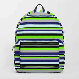 [ Thumbnail: Vibrant Chartreuse, Grey, Midnight Blue, Light Cyan & Black Colored Lined/Striped Pattern Backpack ]