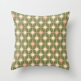 Midcentury Modern Atomic Starburst Pattern in Retro Olive Green and Vintage Blush Pink Throw Pillow