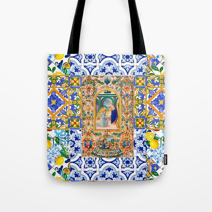 Italian,Sicilian art,holy Mary,Virgin Mary,maiolica,tiles,lemons,Citrus  Tote Bag