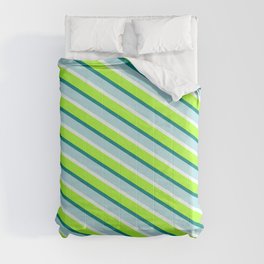 [ Thumbnail: Light Green, Teal, Powder Blue & Mint Cream Colored Stripes/Lines Pattern Comforter ]