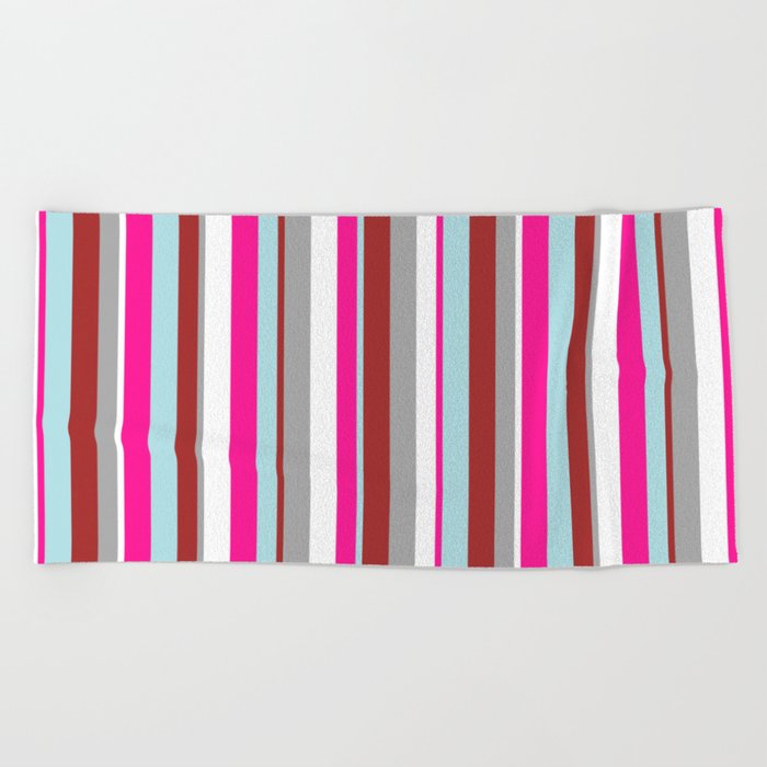 Eye-catching White, Dark Gray, Brown, Powder Blue & Deep Pink Colored Lines/Stripes Pattern Beach Towel
