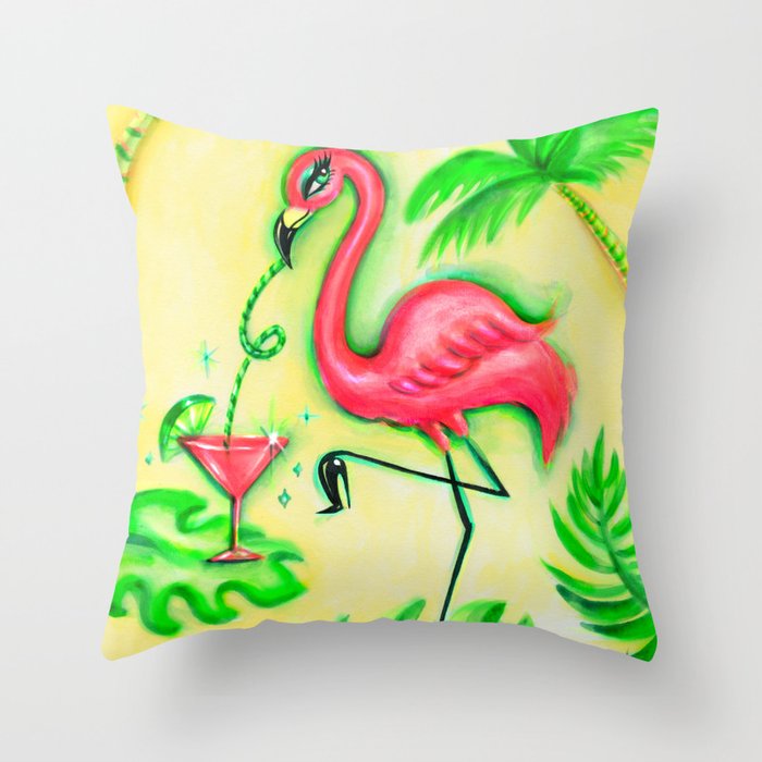 Flamingo Sipping a Pink Martini Throw Pillow