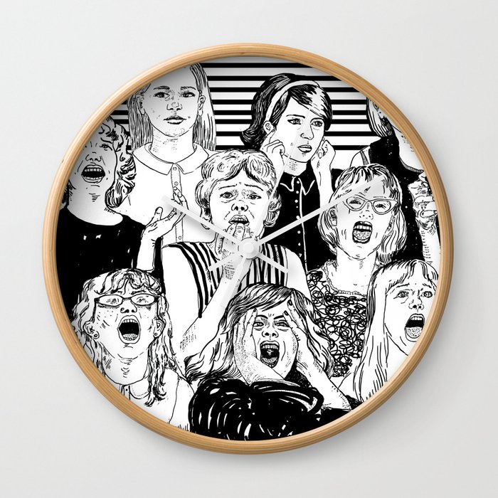 Wild girls. Black and white illustration. Wall Clock