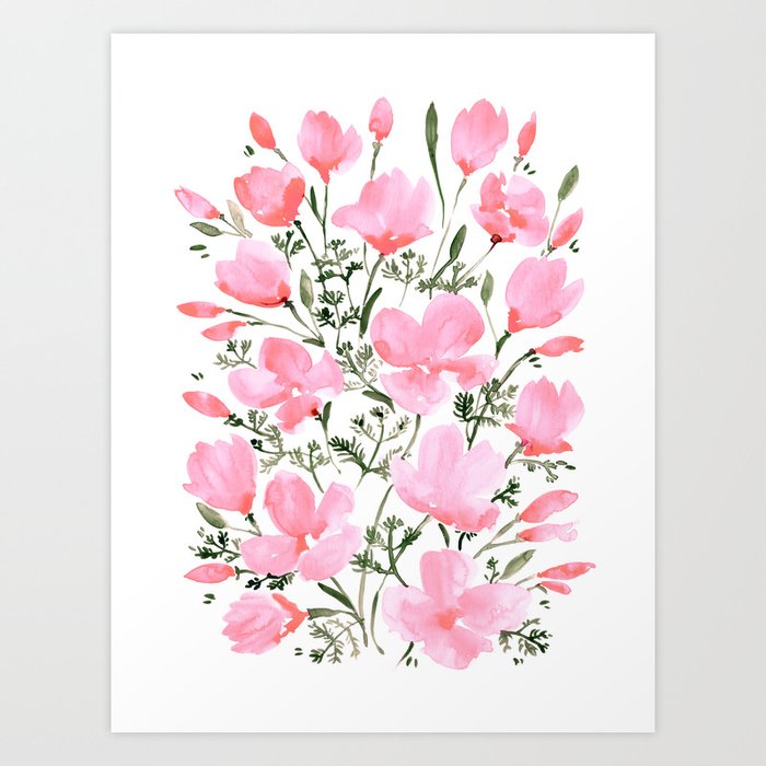Pink watercolor California poppies Art Print
