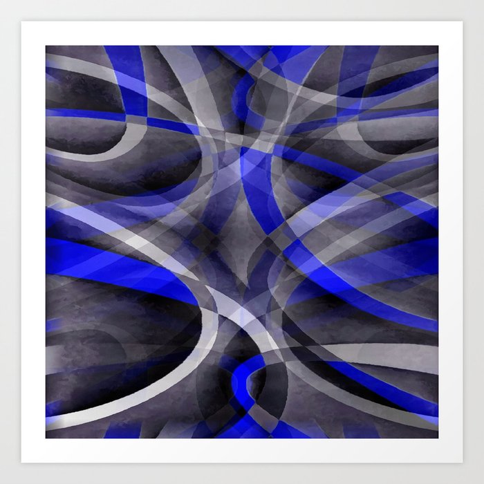 Eighties Bright Royal Blue On Grey Abstract Curve Pattern Art Print