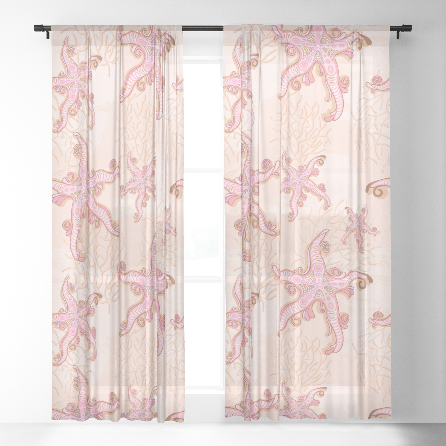 Starfish And Coral Pink Pastel Pattern Sheer Curtain By