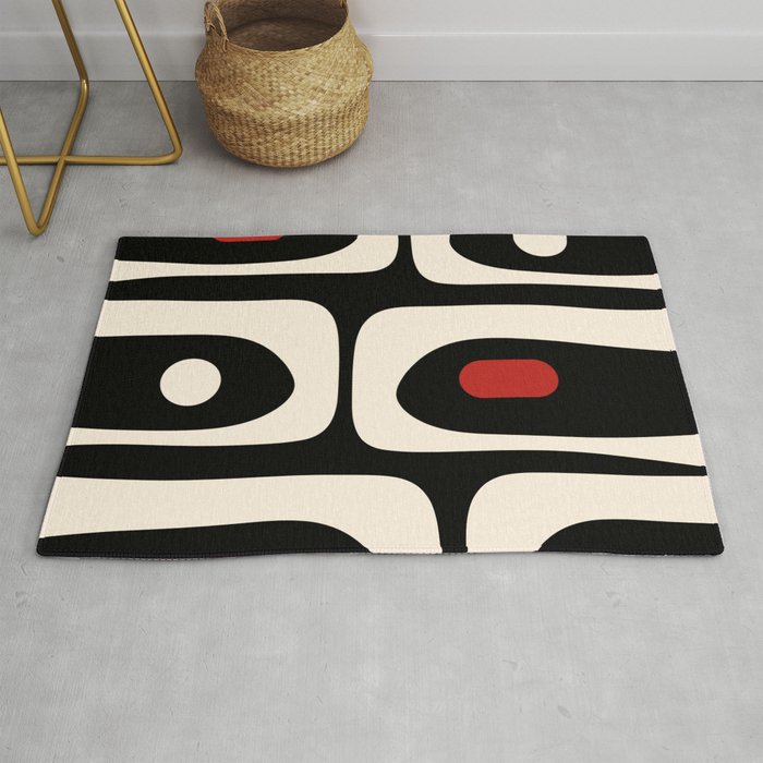 Retro Piquet Mid Century Modern Abstract Pattern in Black, Red, and Almond Cream Rug