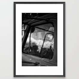 Broken Window on Truck in Black and White Framed Art Print