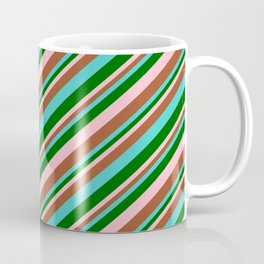 [ Thumbnail: Turquoise, Dark Green, Pink, and Sienna Colored Lines Pattern Coffee Mug ]