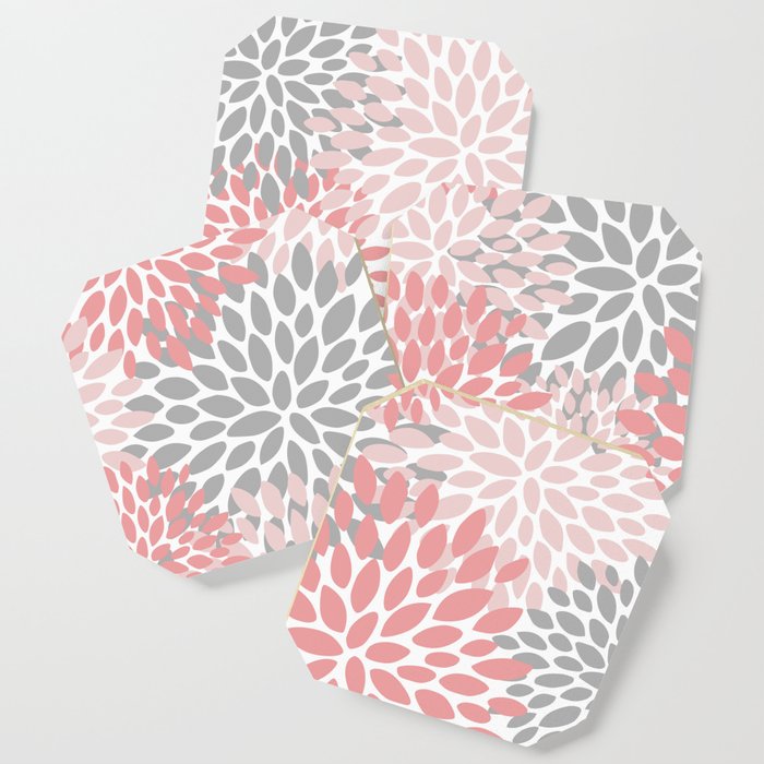 Modern, Flowers Print, Coral, Pink and Gray Coaster