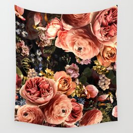 Vintage & Shabby Chic- Real Peach Roses And Peonies Lush Midnight Flowers Botanical Garden Wall Tapestry