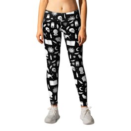 Bright White Halloween Motifs Skulls, Spells & Cats on Spooky Black  Leggings