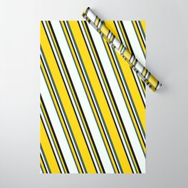 [ Thumbnail: Yellow, Dark Slate Gray, Mint Cream & Black Colored Stripes/Lines Pattern Wrapping Paper ]