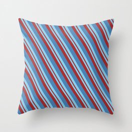 [ Thumbnail: Sky Blue, Brown & Blue Colored Striped/Lined Pattern Throw Pillow ]