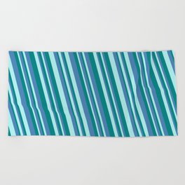 [ Thumbnail: Turquoise, Teal, and Blue Colored Lined/Striped Pattern Beach Towel ]