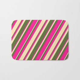 [ Thumbnail: Dark Olive Green, Deep Pink, and Beige Colored Stripes/Lines Pattern Bath Mat ]