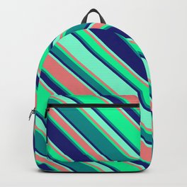 [ Thumbnail: Eyecatching Green, Dark Cyan, Midnight Blue, Aquamarine & Light Coral Colored Lines Pattern Backpack ]
