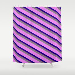 [ Thumbnail: Grey, Violet, Dark Blue & Purple Colored Lined Pattern Shower Curtain ]
