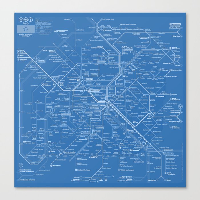 Paris Metro Map - Blue Canvas Print
