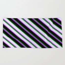 [ Thumbnail: Forest Green, Lavender, Dark Orchid, and Black Colored Striped Pattern Beach Towel ]