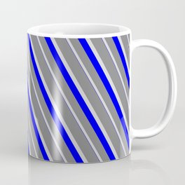 [ Thumbnail: Grey, Light Grey & Blue Colored Striped/Lined Pattern Coffee Mug ]