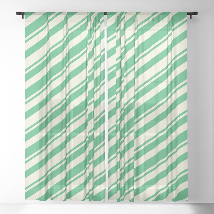 Sea Green & Beige Colored Lines Pattern Sheer Curtain